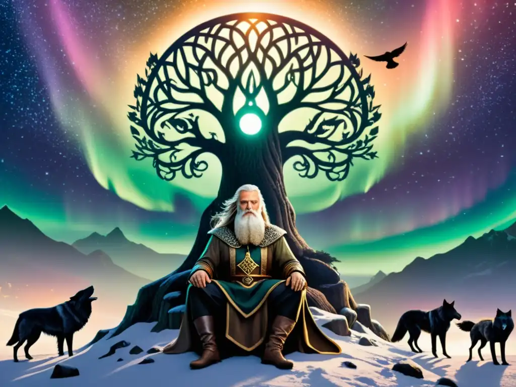 Ilustración detallada de Odin, el Padre de Todos de la mitología nórdica, sacrificando un ojo por Sabiduría Eterna bajo la Aurora Boreal