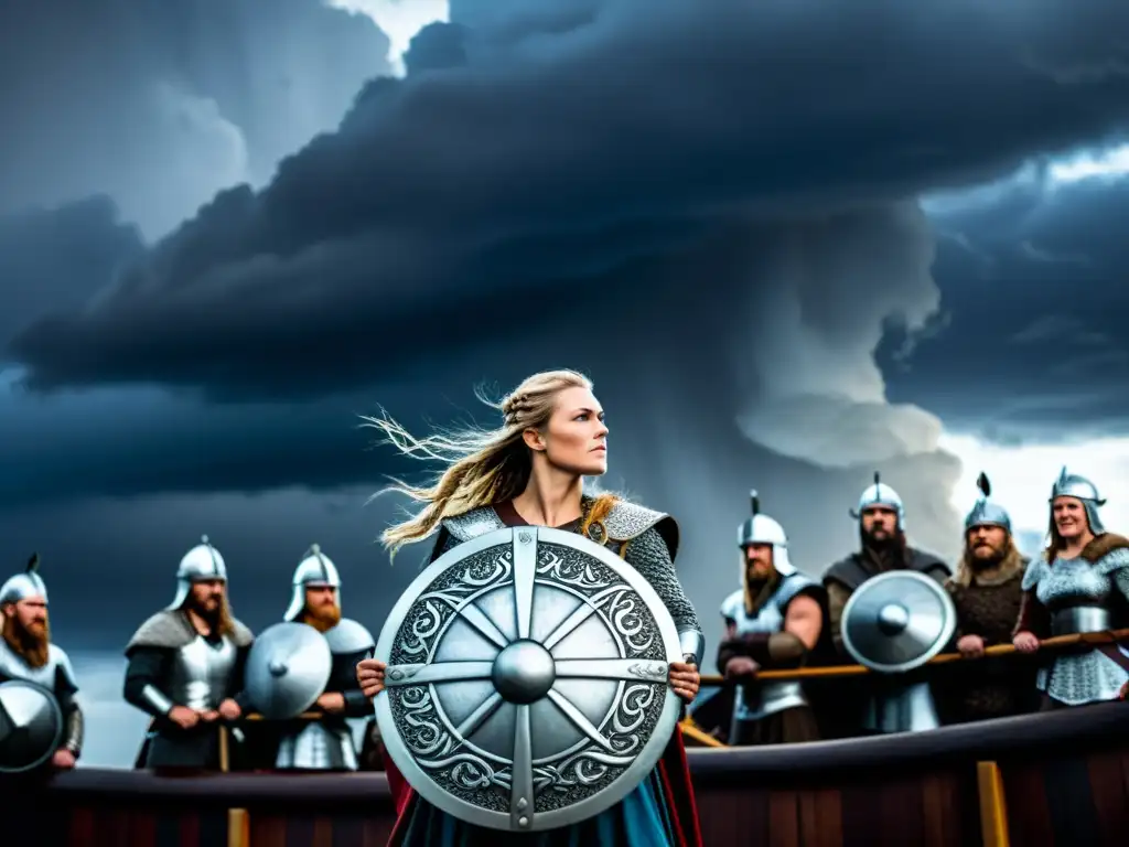 Ilustración detallada de una poderosa mujer vikinga en un barco, rodeada de hombres admirándola