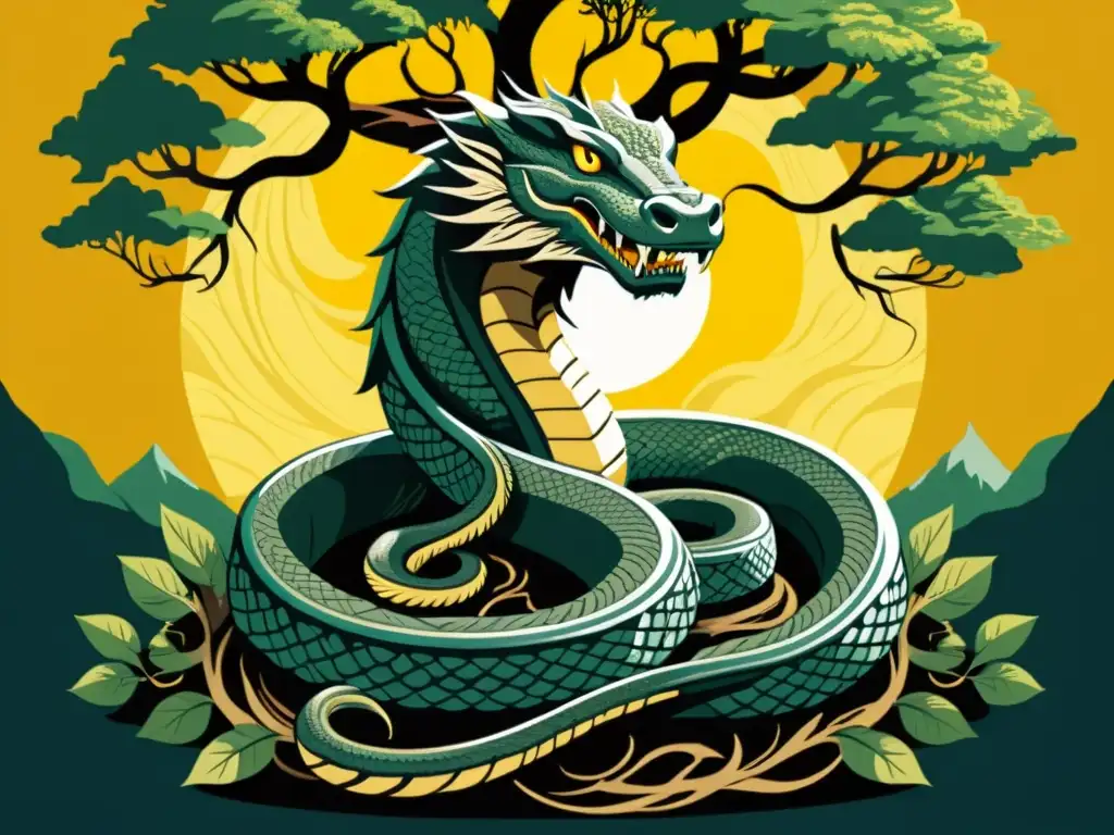 Ilustración detallada del poderoso Jörmungandr enraizado en Yggdrasil, con escamas brillantes al sol