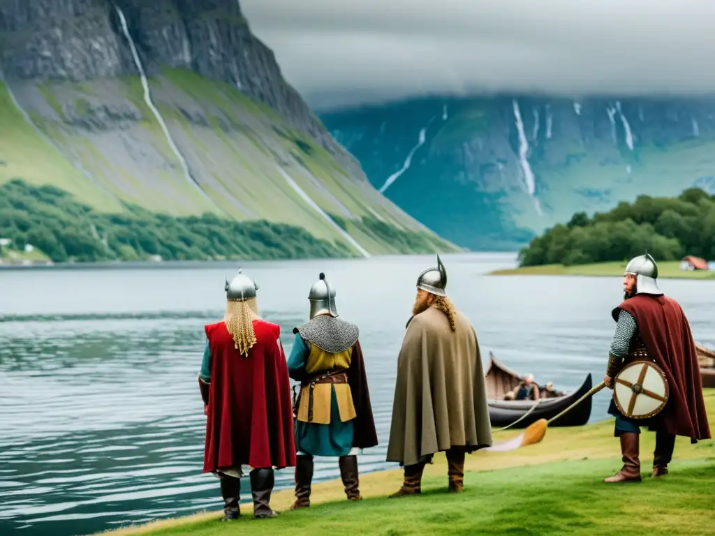 Vikingos en el fiordo: reenactment en Noruega Recreación detallada de reenactores vikingos en un fiordo noruego