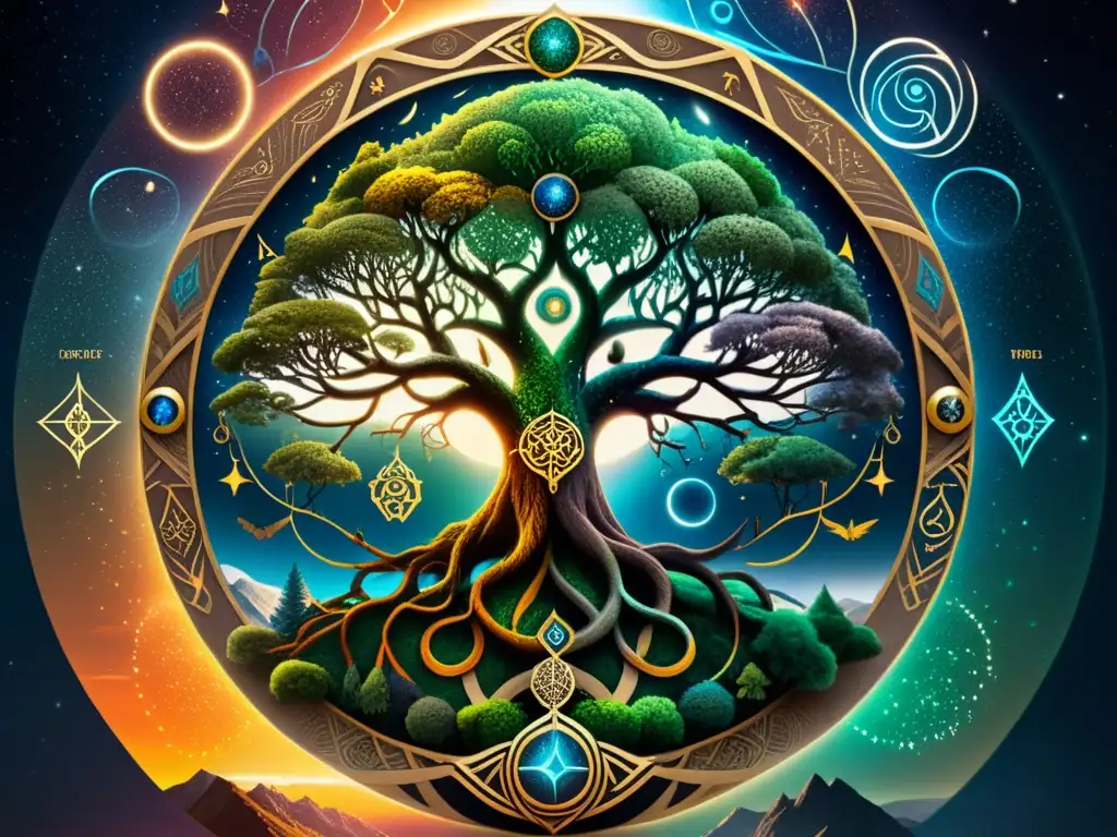 Ilustración detallada de los nueve reinos de la cosmología nórdica, con Asgard destacando sobre los demás, conectados por Yggdrasil