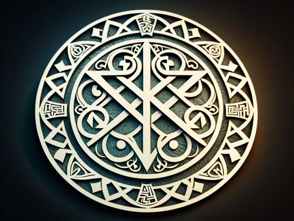 Ilustración detallada del Vegvisir, símbolo vikingo de protección y guía Ilustración detallada del Vegvisir rodeado de runas nórdicas y patrones místicos
