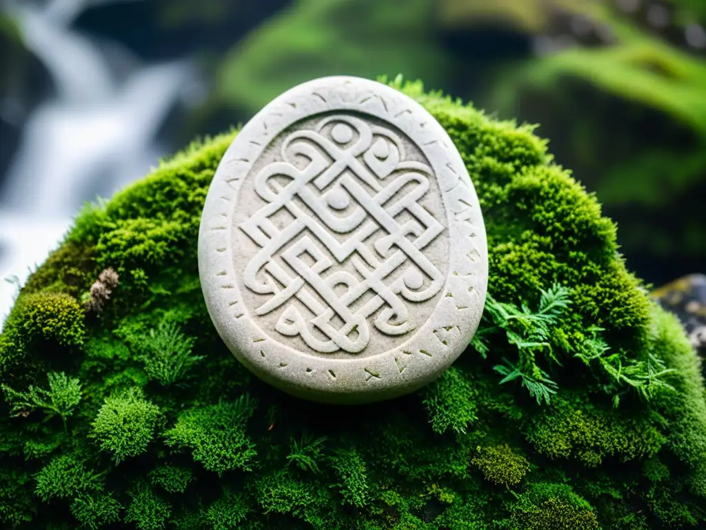 Detallada piedra rúnica vikinga con símbolos antiguos y criaturas míticas en un entorno misterioso de musgo verde