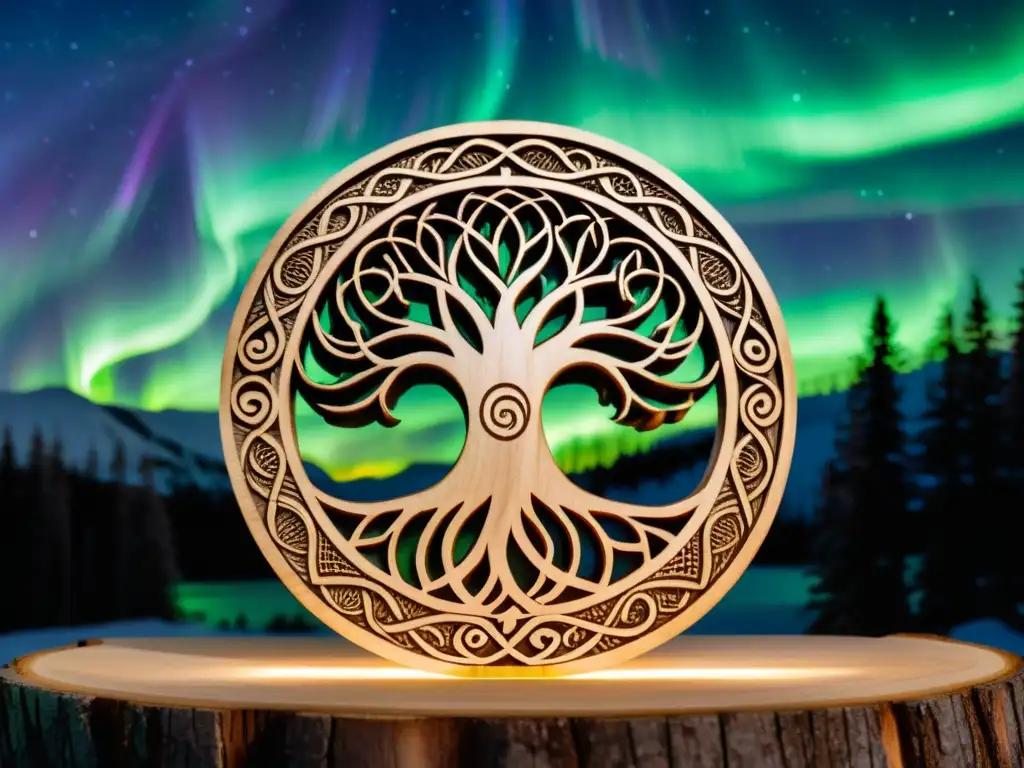 Detallada talla de madera del símbolo vikingo Yggdrasil en un bosque nórdico bajo la aurora boreal, perfecta para decoración de pared