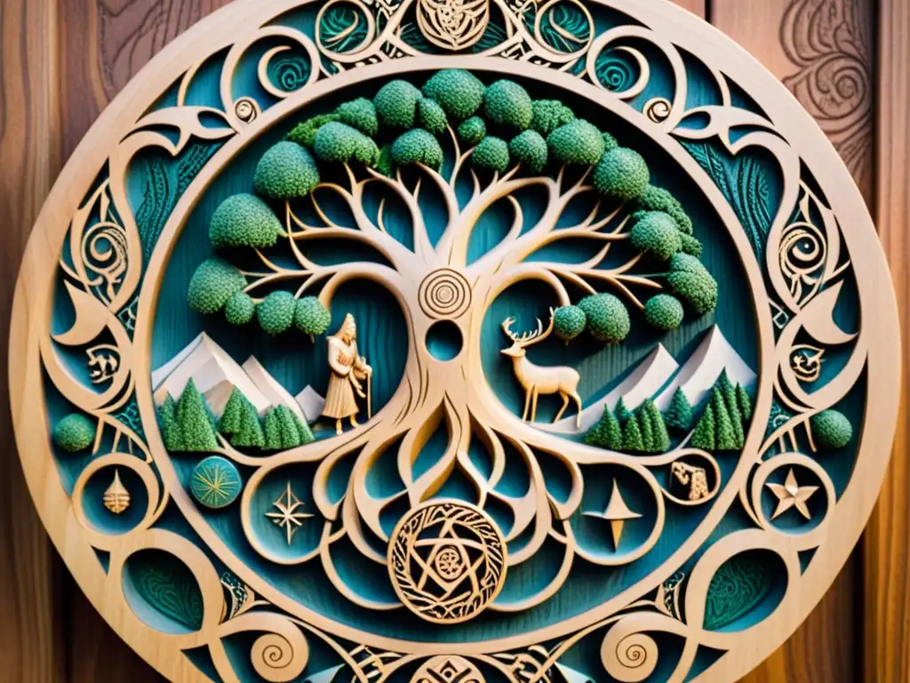 Escultura detallada de los nueve reinos de la cosmología nórdica Detallada talla en madera de las nueve tierras de la cosmología nórdica, con Yggdrasil en el centro