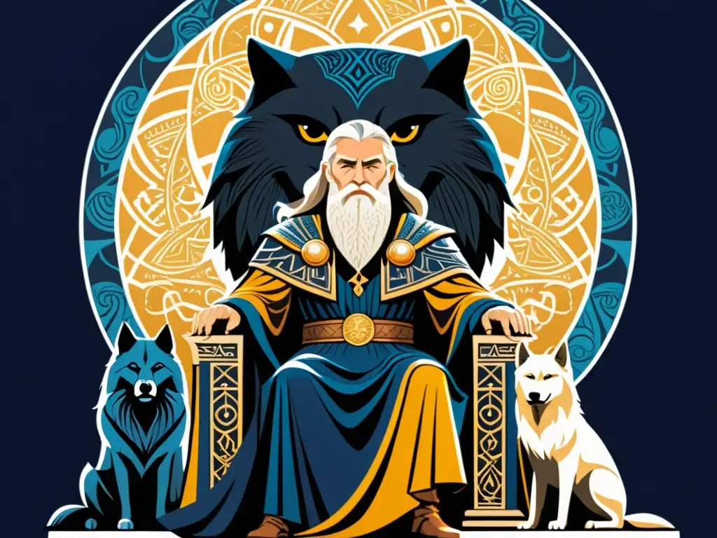 Ilustración detallada de Odin, dios nórdico, en su trono de Asgard Ilustración detallada de Odín en su trono en Asgard, con un manto adornado con patrones