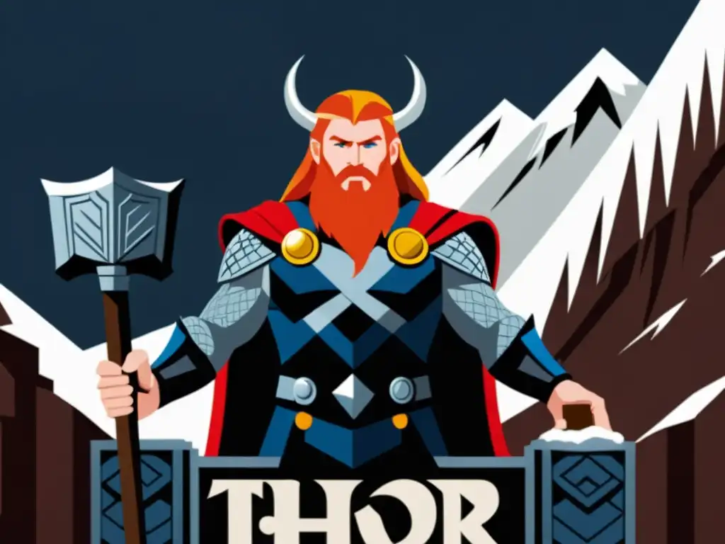 Ilustración detallada de Thor, dios nórdico del trueno, con su martillo Mjölnir