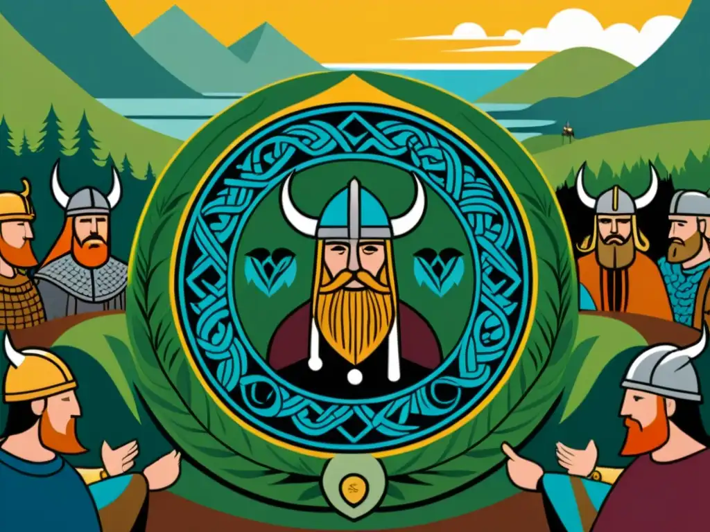 Ilustración detallada y vibrante de una asamblea vikinga conocida como un 'Thing', reflejando el sistema legal vikingo, justicia y sociedad