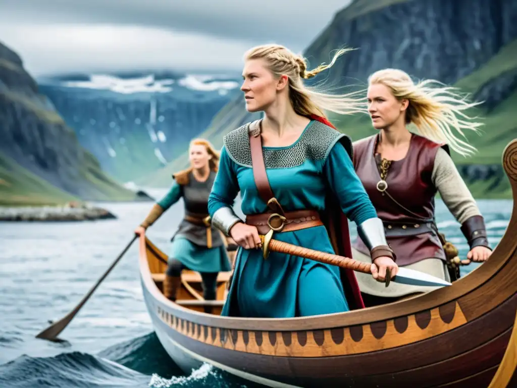 Ilustración detallada y vibrante de mujeres vikingas desafiando roles de género en actividades típicas de hombres, como navegar y luchar