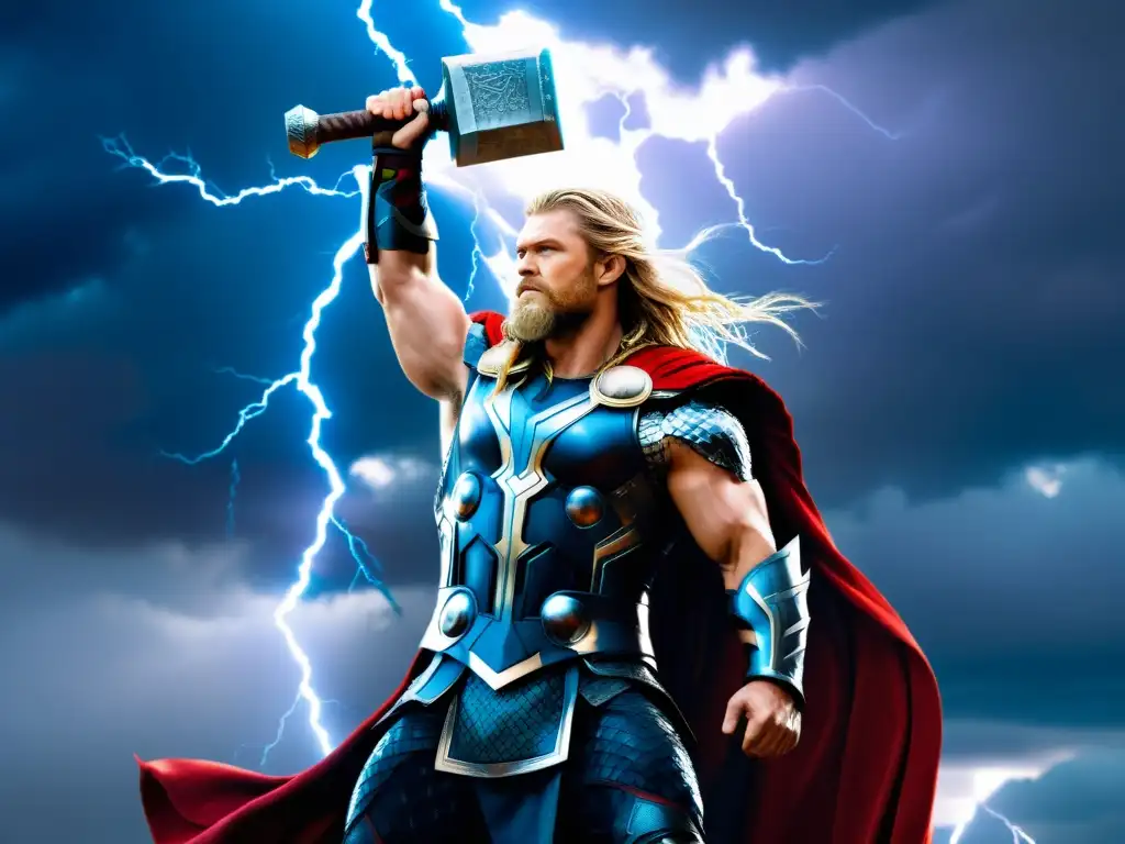 Ilustración detallada y vibrante de Thor, dios nórdico del trueno, con su martillo Mjölnir en alto, en una escena de batalla épica