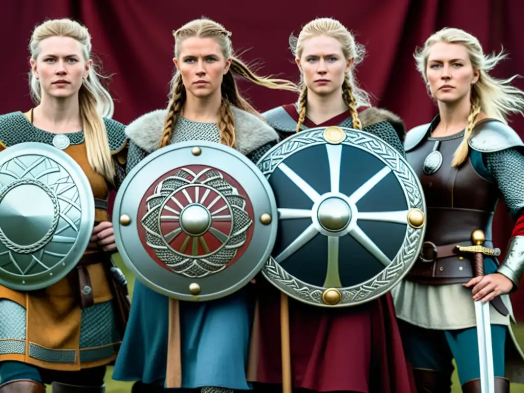 Ilustración detallada de shieldmaidens vikingas y mujeres nórdicas modernas, simbolizando la evolución del feminismo en la historia nórdica