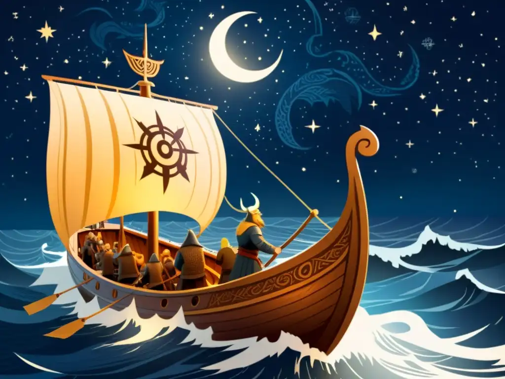 Ilustración detallada de un drakkar vikingo en aguas turbulentas, navegando guiado por la Estrella del Norte