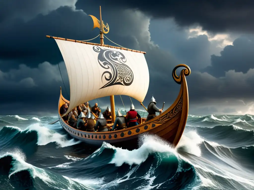 Detallada ilustración de un drakkar vikingo en alta mar bajo un cielo tormentoso