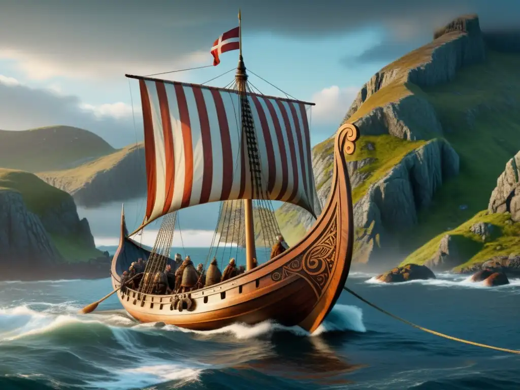 Réplica detallada de un drakkar vikingo en una costa nórdica, con tripulación y símbolos vikingos, evocando la historia vikinga de modelos de barcos