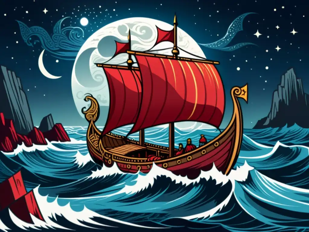 Ilustración detallada de un drakkar vikingo surcando mares tormentosos bajo un cielo estrellado, con sincretismo cultural incursiones vikingas