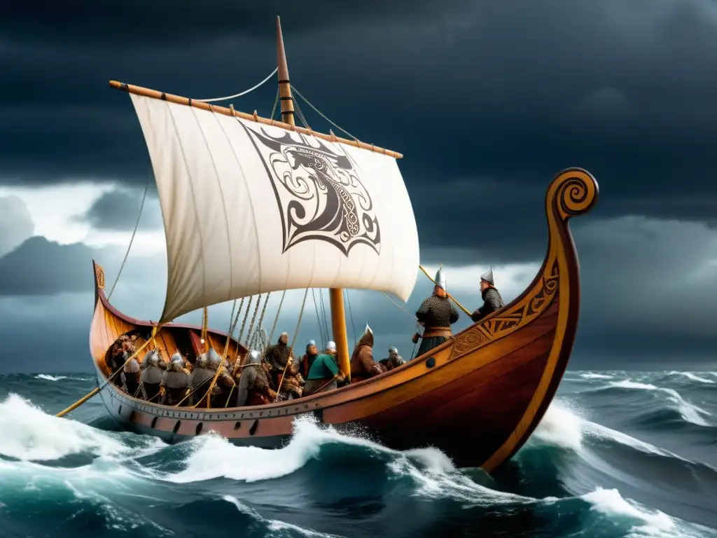 Réplica detallada de un drakkar vikingo con tripulación diversa navegando en mares turbulentos bajo un cielo dramático