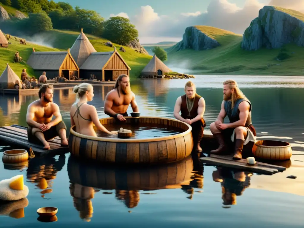 Ilustración detallada de vikingos en ritual de baño nórdico, desmintiendo mitos sobre higiene personal vikinga