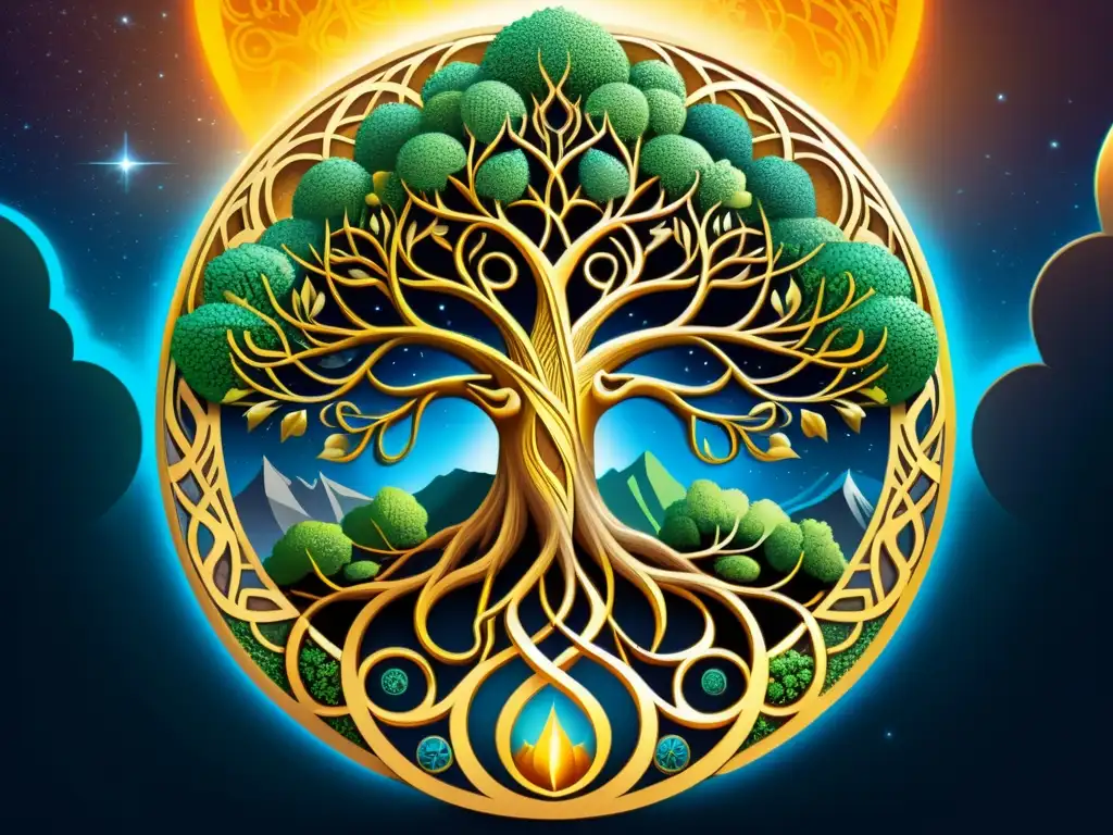 Ilustración detallada y vívida de Yggdrasil, el Árbol del Mundo en la mitología nórdica, con los nueve mundos en su diseño