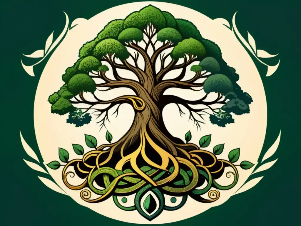 Ilustración detallada del Yggdrasil, el Árbol del Mundo, con criaturas nórdicas entre sus ramas