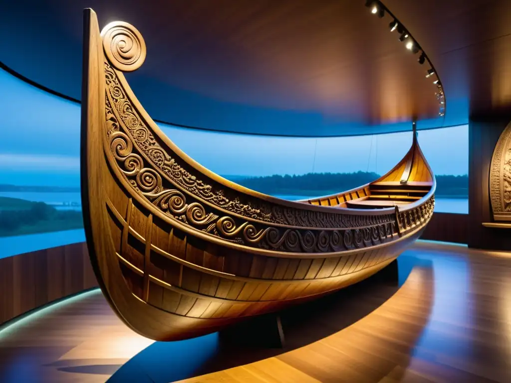 Detallado barco funerario de Oseberg vikingo exhibido en el museo, con visitantes y atmósfera histórica