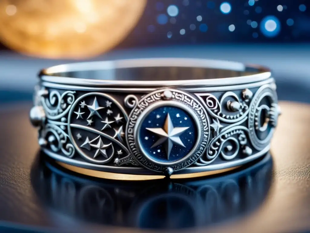 Detallado brazalete vikingo plateado con motivos celestiales y filigranas, inspirado en la astrología en la joyería vikinga