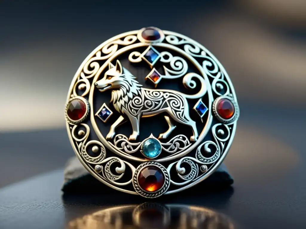 Detallado broche vikingo de plata con motivos de lobos y cuervos, reflejando la cultura y el significado de las joyas vikingas