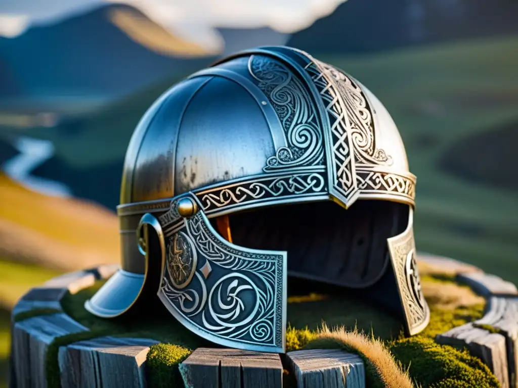 Detallado casco vikingo con grabados, en un paisaje nórdico, evocando la autenticidad de los Accesorios para la cabeza vikingos