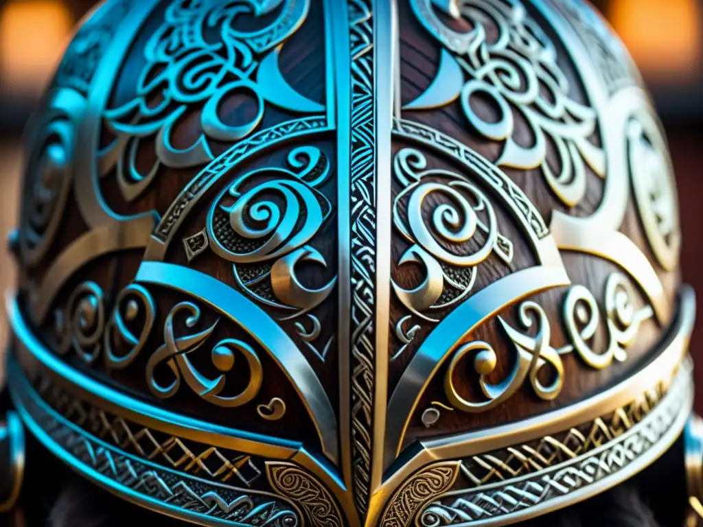 Detalle casco vikingo: diseño intrincado y feroz Detallado casco vikingo con intrincados grabados y cuernos, reflejando la vestimenta vikinga en el cine