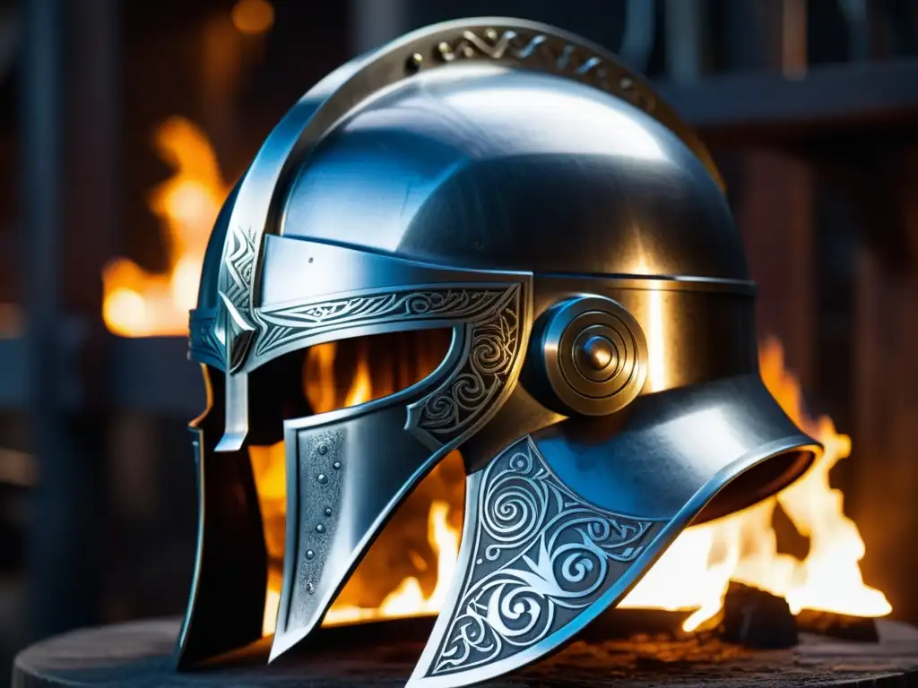 Detallado casco vikingo en taller de herrero, con intrincado metal y cuernos intimidantes