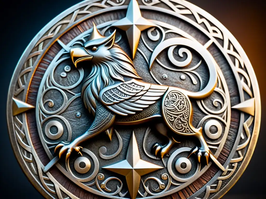 Detallado escudo vikingo con iconografía de joyas y armaduras, envejecido y lleno de historia de batallas