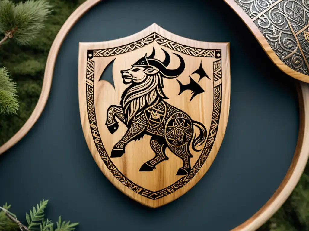 Detallado escudo vikingo de madera con símbolos nórdicos y paisajes, resaltando la decoración vikinga DIY consejos herramientas