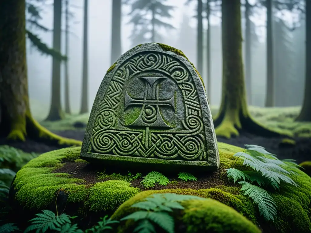 Detallado grabado de una piedra rúnica vikinga en un bosque escandinavo neblinoso