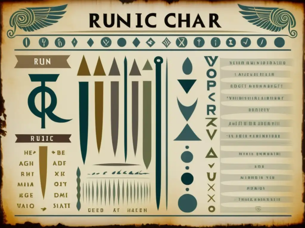 Detallado gráfico comparativo de alfabetos antiguos como las runas, Ogham, fenicio y etrusco, en pergamino envejecido