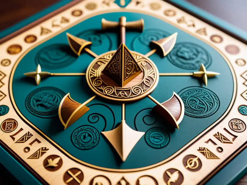 Tablero de juego vikingo: detalle épico y artesanal Detallado juego de mesa vikingo moderno con barcos, guerreros y criaturas míticas en un tablero adornado con símbolos nórdicos