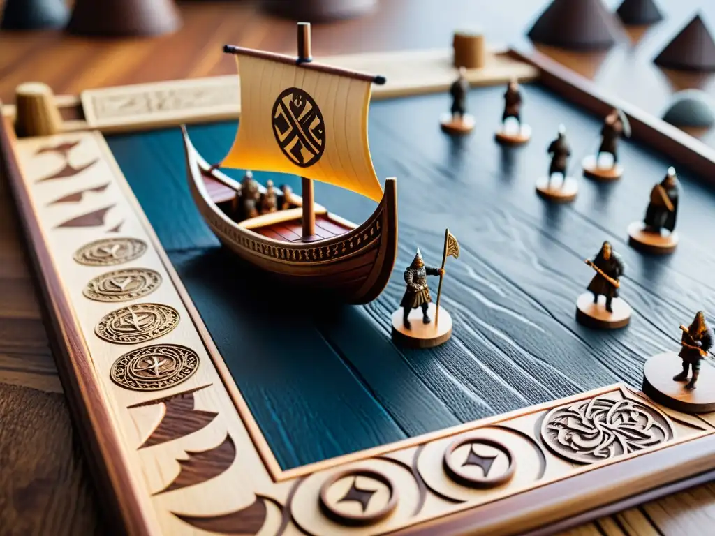 Detallado juego de mesa vikingo con figuras de mitología nórdica, en un barco vikingo