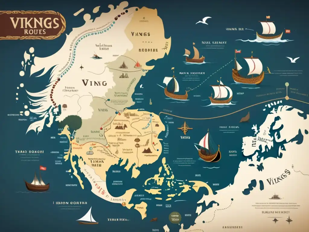 Detallado mapa histórico de las rutas comercio vikingo, con longships navegando y actividades comerciales