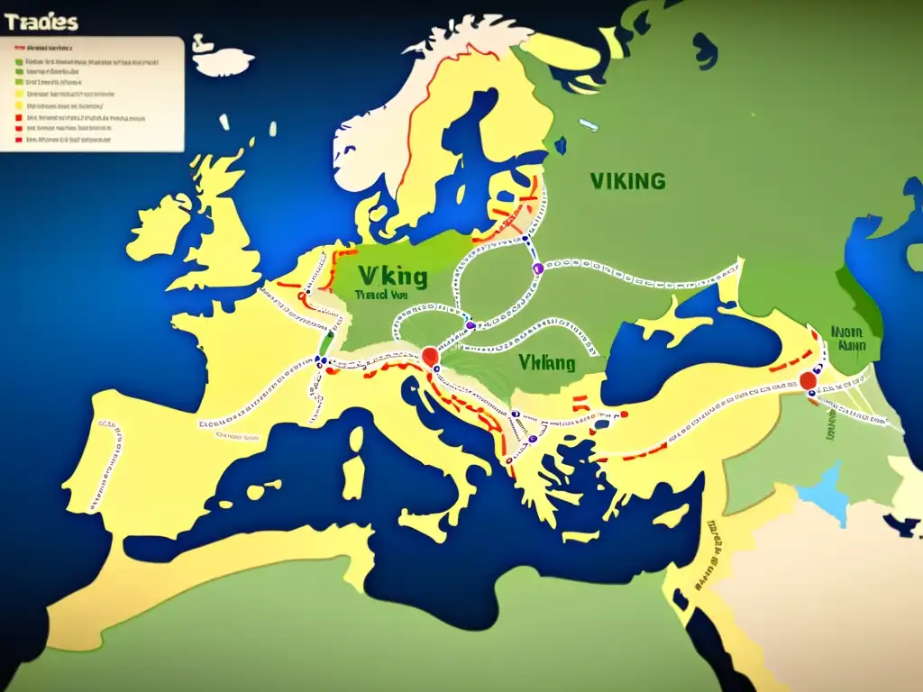 Detallado mapa de rutas de intercambio en la Era Vikinga, con ilustraciones de barcos vikingos y puertos comerciales bulliciosos