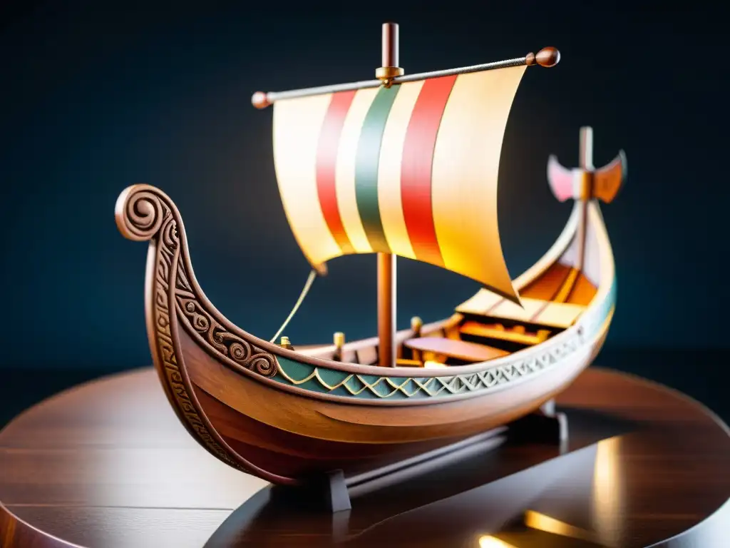 Un detallado modelo de barco vikingo estilizado exhibido en contraste con un fondo oscuro, resaltando su artesanía y diseño elegante