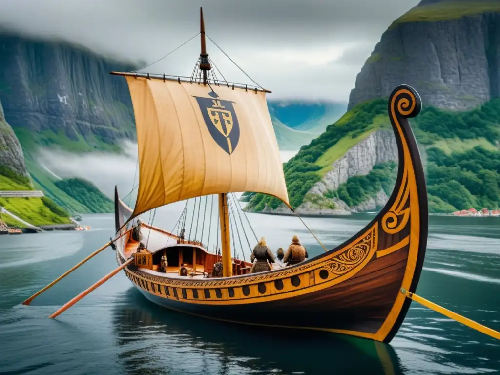 Un detallado modelo de barco vikingo recrea con fidelidad histórica cada ornamento, vela y escudo en un fiordo nórdico neblinoso