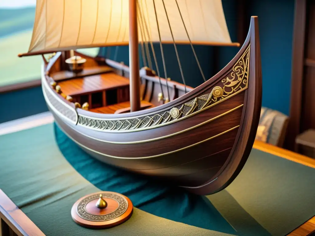 Un detallado modelo de barco vikingo exhibe su artesanía en madera y escudos, con una proa ornamental y un fondo de artefactos vikingos