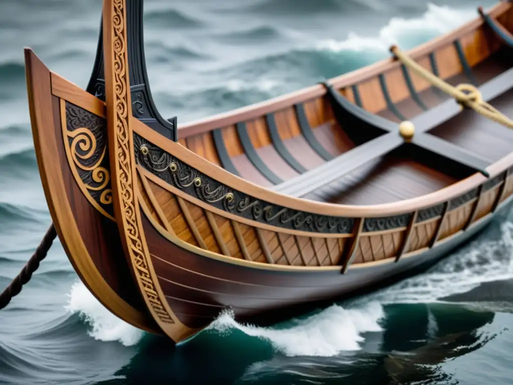 Detallado modelo de barco vikingo, con intrincada madera, casco curvo y proa de dragón, en un puerto bullicioso o mar tormentoso