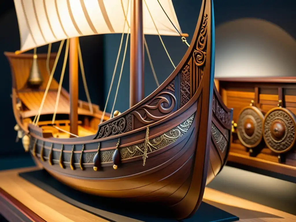 Un detallado modelo de un barco vikingo exhibido en un museo