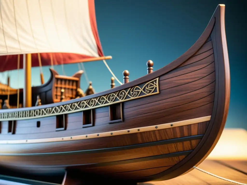 Detallado modelo de barco vikingo histórico en un taller iluminado, destacando su artesanía y cultura