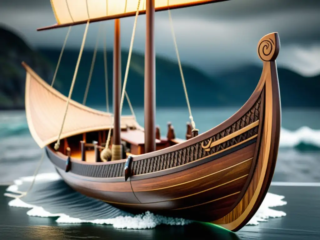 Detallado modelo de barco vikingo perfecto contra un paisaje escandinavo, evocando la artesanía y la historia vikinga