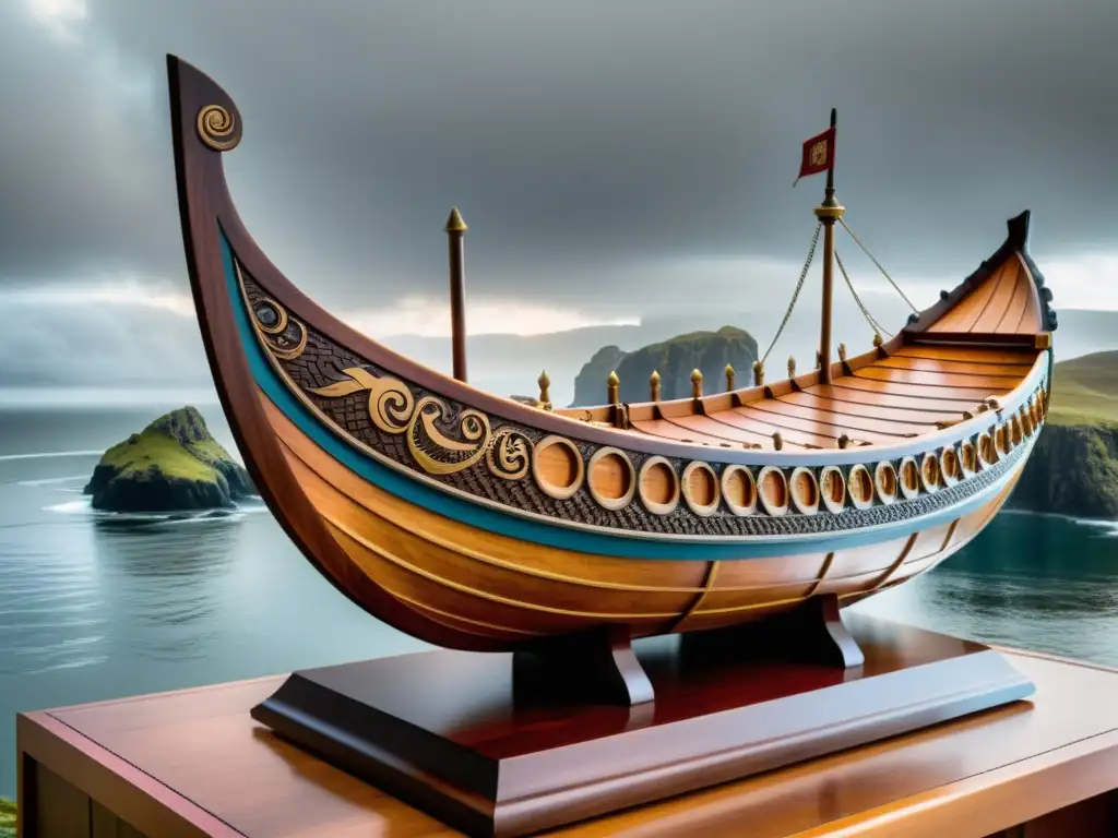 Un detallado modelo de barco vikingo reposa en un soporte de madera, mientras entusiastas estudian su valor histórico en una costa brumosa