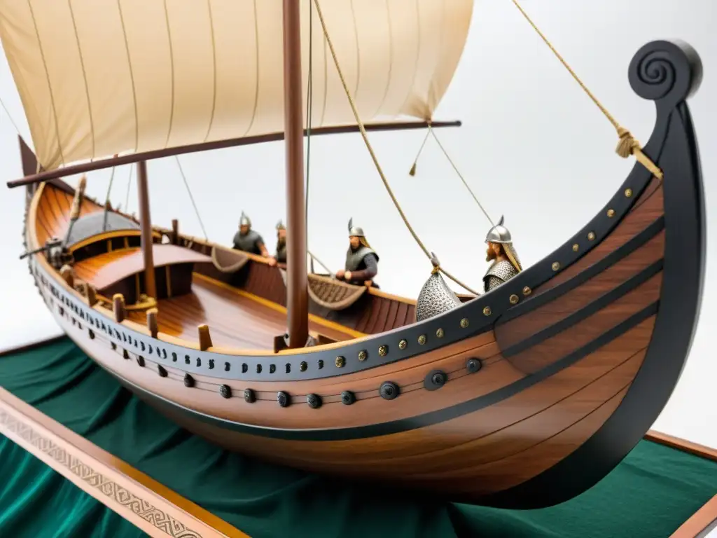 Un detallado modelo de barco vikingo exhibiendo elaborada carpintería, velas realistas y detalles históricos como proa de dragón y escudos