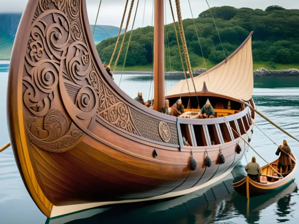 Un detallado modelo de barco vikingo evolución, con intrincadas tallas de madera y reenactores vikingos en la costa