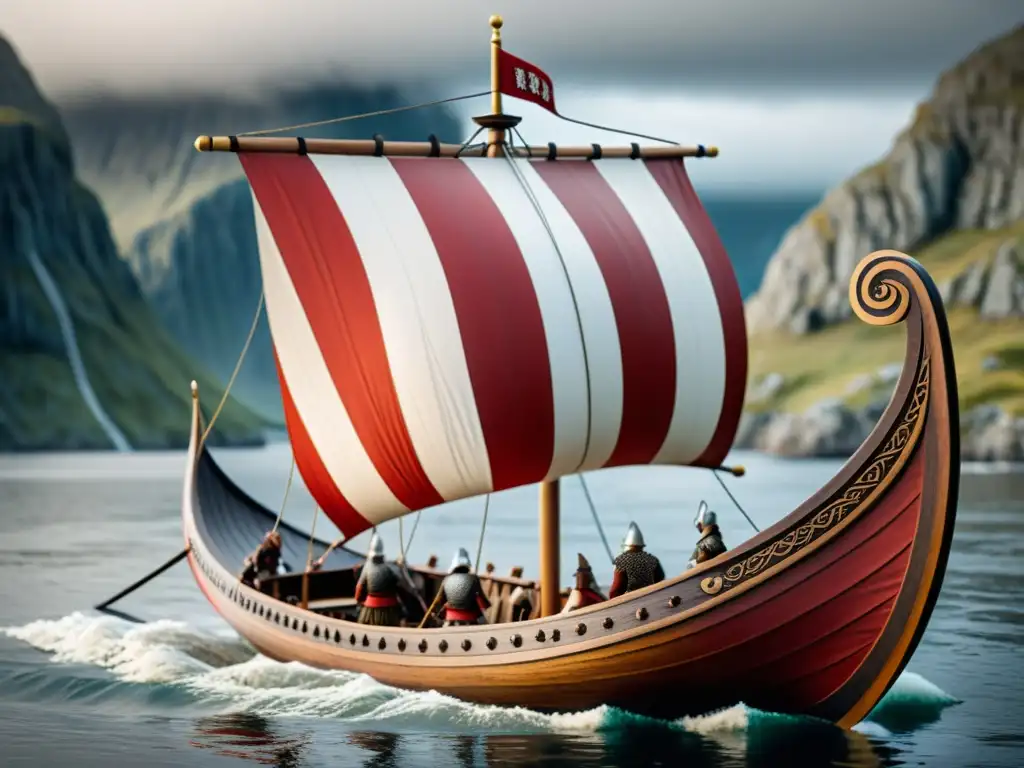 Detallado modelo a escala de un barco vikingo artesanal, con paisaje nórdico al fondo