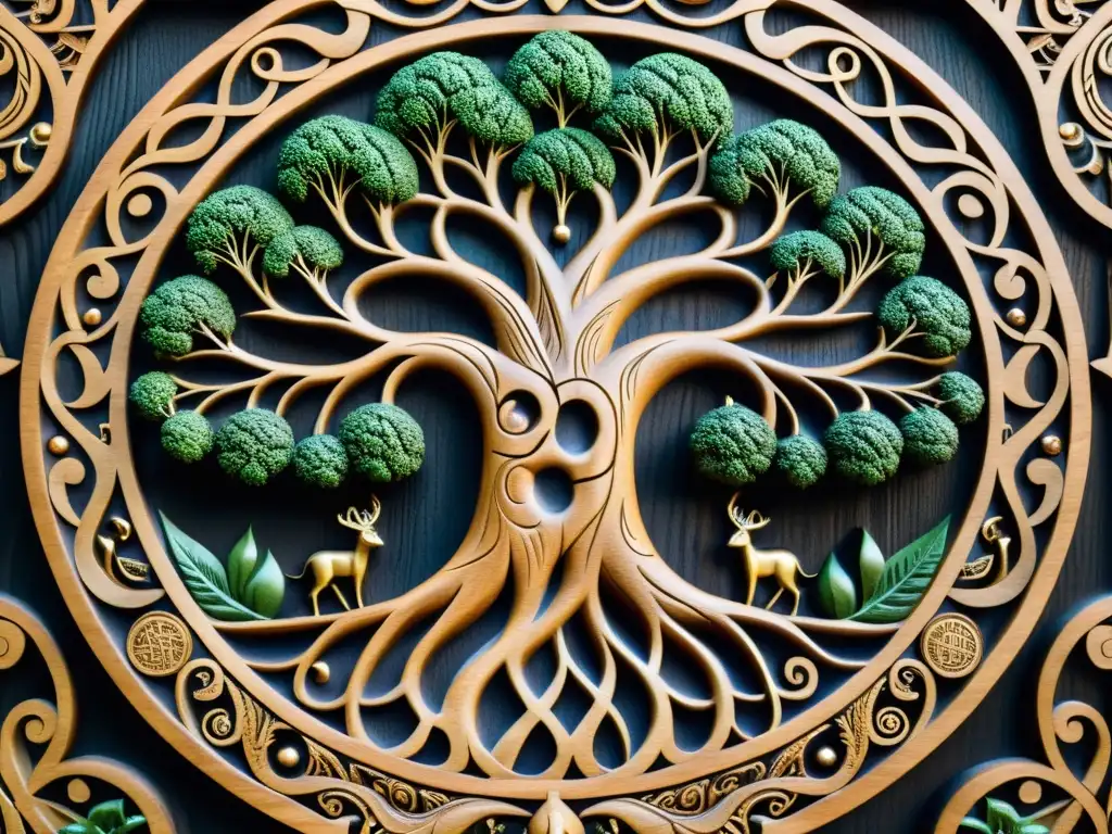 Detallado tallado de madera del árbol vikingo Yggdrasil, representando la cosmología vikinga