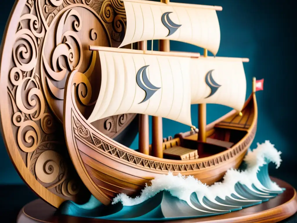 Detallado tallado en madera simbología vikinga: un barco vikingo en aguas turbulentas con símbolos nórdicos